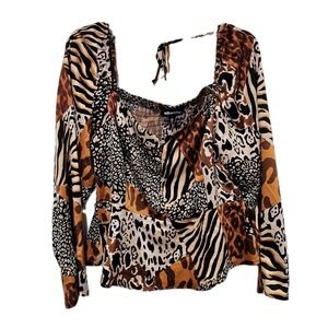 Alice Blue Women's Large Animal Print Blouse Elastic Back Tie Adjustable Sleeve